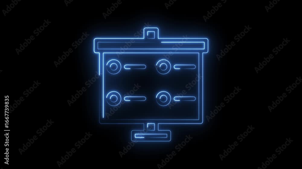 Poster glowing blue neon presentation board icon with circular bullet points and horizontal lines on