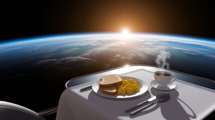 Surreal Cosmic Breakfast with Coffee, Egg, and Toast Floating in Space