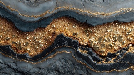 Ultra macro of marble mineral veins in black and gold pattern with high contrast and elegant texture representing luxury background design or geology pattern visuals