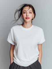 Obraz premium A beautiful female model wearing a white t-shirt. A product shot for fashion and apparel. best use for mockup.