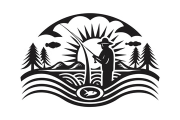 Silhouette Fisherman Casting Rod on Lake With Fish, Trees on White