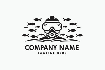 Obraz premium Scuba Diver Mask Silhouette Surrounded by Fish on White Background