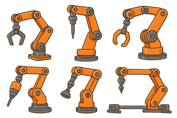 Fototapeta premium Various Robotic Arms and Automation Tools for Precision Engineering Tasks, Industrial Robotics, Mechanical Automation, Vector Cartoon Illustration on Transparent Background