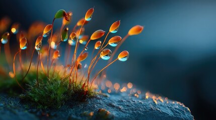 Ultra macro of moss spores growing on stone with dew droplets under early morning light capturing natural resilience growth and quiet wilderness microenvironment