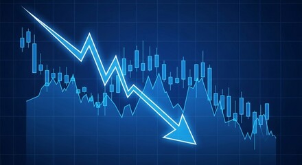 Stunning blue stock market graph shows steep decline with arrow
