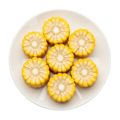 Seven bright yellow corn on the cob slices are neatly arranged on a white plate, showcasing a healthy and vibrant vegetable dish.