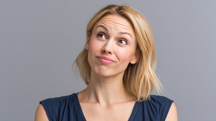 Pensive Woman Looks Upward with a Curious Expression on a Gray Background