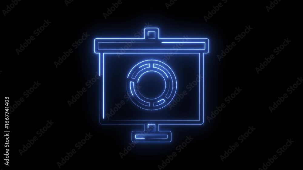 Poster glowing blue neon presentation board icon with circular graph data visualization on black