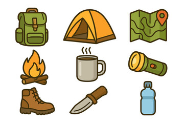 Camping essentials vector icon set for outdoor adventure, hiking, and backpacking. Includes tent, backpack, map, boot, campfire, and knife for exploration and survival.