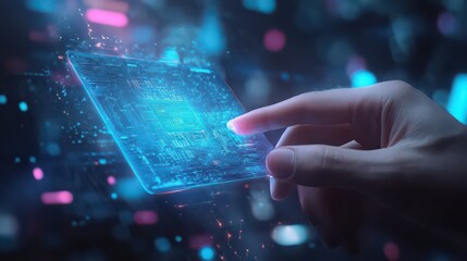 Hand interacting with a glowing futuristic interface panel