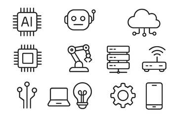 Technology outline icon set with AI chip, robot, cloud computing, robotic arm, server, wifi router, circuit board, laptop, light bulb, gear, smartphone, vector cartoon illustration