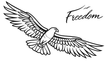 Illustration of a majestic eagle soaring with wings spread and the word freedom in the background