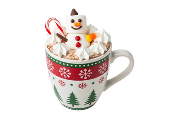Christmas mug with hot chocolate, snowman, candy cane isolated on transparent background