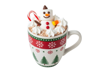 Christmas mug with hot chocolate, snowman, candy cane isolated on transparent background