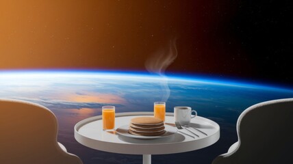 Surreal Cosmic Breakfast with Coffee, Pancakes, orange juice Floating in Space