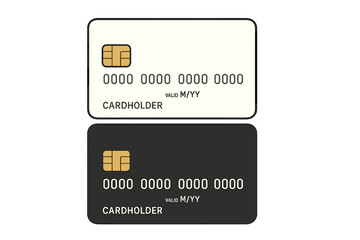 Two realistic empty bank cards in white and black colors, minimalist design, vector cartoon illustration with chip, blank credit cards set on white background for finance concepts