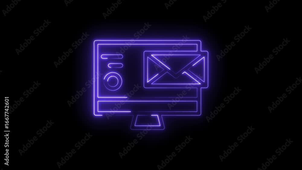 Aufkleber glowing purple neon computer screen displaying email notification icon with data charts and