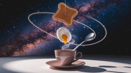 Surreal Cosmic Breakfast with Coffee, Egg, and Toast Floating in Space