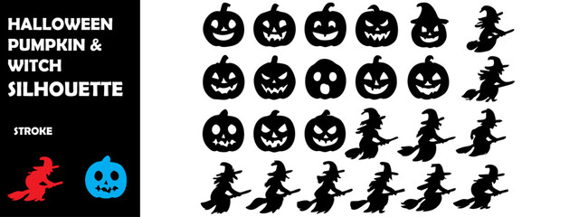 Halloween Pumpkin and Witch Silhouette Vector Icons – Spooky Festival, Holiday Celebration Graphics