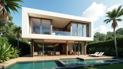 Modern luxury residence with swimming pool and tropical gardens