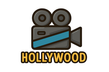 Retro Movie Camera Icon with Blue Stripe and Hollywood Text, Vector Cartoon Illustration Isolated on White Background, Film Industry Symbol, Cinema and Entertainment Design