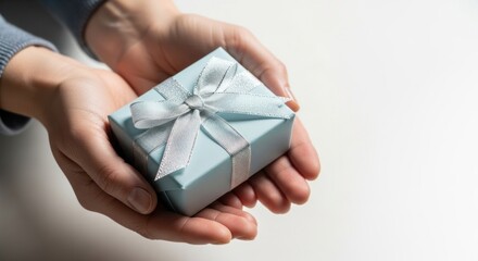 Close up of a persons hands holding a small gift box with a bow.