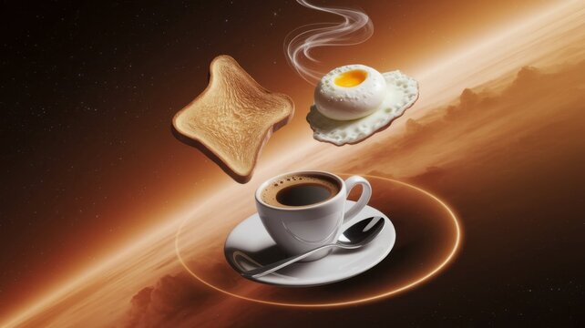 Surreal Cosmic Breakfast with Coffee, Egg, and Toast Floating in Space - Powered by Adobe
