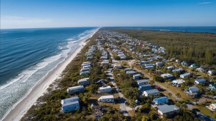 Aerial View of Coastal Homes Along the Serene Beach Shoreline