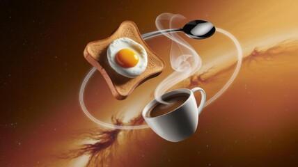 Surreal Cosmic Breakfast with Coffee, Egg, and Toast Floating in Space