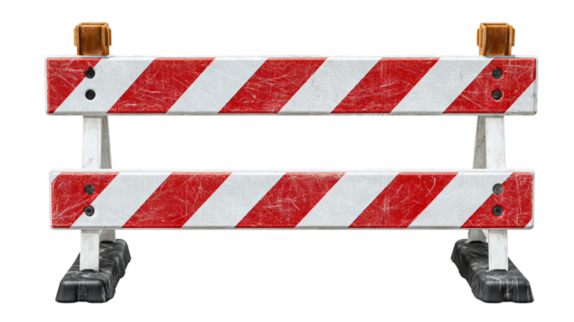 Striped road construction barrier isolated on transparent background — high-resolution traffic safety barricade PNG cutout with black-yellow warning stripes for detours, work zone signage