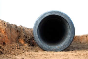 Black Drain Pipe Emerging from Sandy Excavation Site in Daylight
