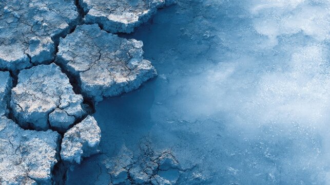 Ultra wide view of glacier texture with cracked blue ice crevices and natural cold tones representing climate scale arctic exploration or frozen natural environment