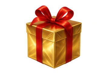 Shiny gold gift box wrapped with a red ribbon, isolated on transparent background, perfect for celebrations and special occasions