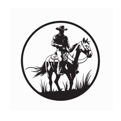 Retro Rodeo Logo with Cowboy Horse Rider Silhouette Inside Circular Design