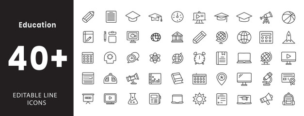 Education and Learning icon set.Containing books, graduation cap, diploma, online class, teacher, student, chalkboard, e-learning, certificate, research, pen, idea, reading, quiz, and more. Editable 