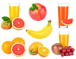 Assortment Of Fresh Fruits Including Apples Oranges Grapefruit Kiwi Banana With Glasses Of Juice Against Transparent Background