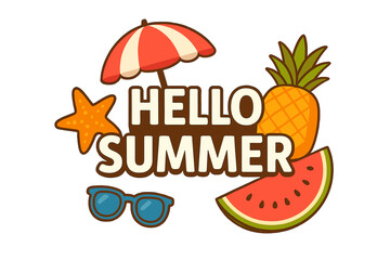 Colorful Summer Vector Banner with Hello Summer Text, Tropical Pineapple, Watermelon Slice, Starfish, Sunglasses, and Beach Umbrella Cartoon Illustration for Vacation and Beach Season