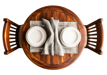 Elegant wooden dining table setting with two plates and napkins isolated on a white or transparent background
