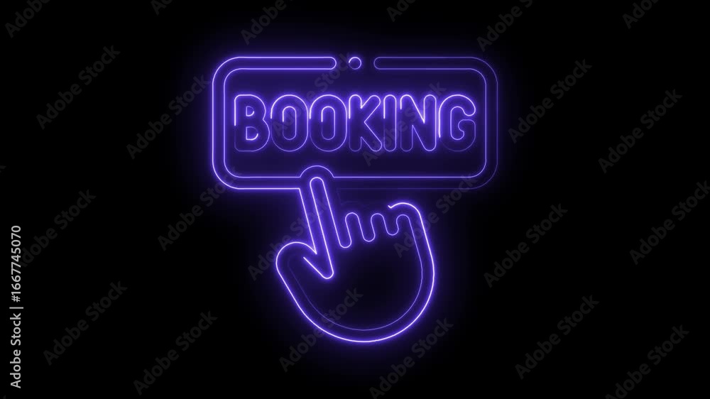 Poster glowing neon booking icon finger pointer click action isolated on black background digital