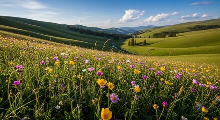 Obraz premium Scenic meadow of wildflowers in rolling green hills landscape