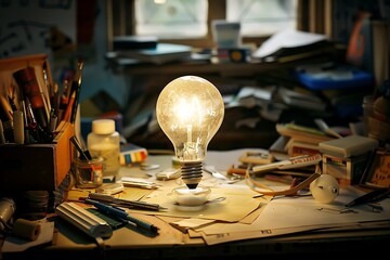 Bright idea ignites creativity on artist's messy desk with inspiration and tools ready for work
