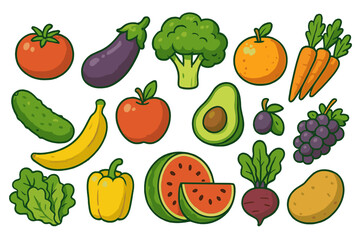 Colorful Variety of Fresh Fruits and Vegetables Vector Illustration, Healthy Food Choices, Balanced Diet, Organic Vitamins, Cartoon Style Grocery Icons