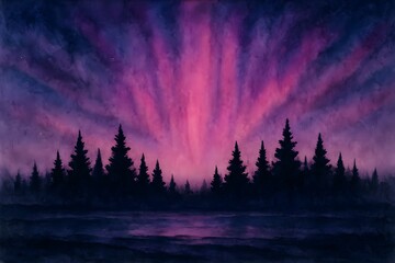Naklejka premium Enigmatic Aurora Borealis Display Over Tranquil Forest Lake at Twilight Serene Landscape