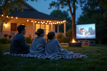 A family watches a movie on a projector in their backyard at night.