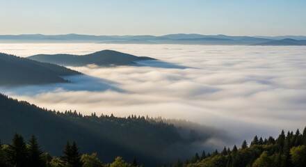 Obraz premium Scenic mountain landscape with low clouds valley forest and hillside view