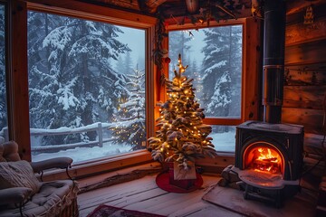 Cozy log cabin Christmas scene with glowing fireplace and snow-covered forest view