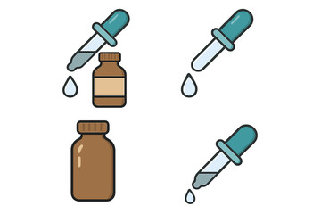 Tincture Icon Set with Pipette Picker Collection, Cartoon Style Tincture Bottle and Dropper Signs, Isolated Medical and Laboratory Vector Symbols for Health and Science Designs