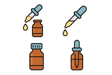 Tincture and Pipette Icons Collection, Medicine Dropper Vector Set, Cartoon Style Transparent Isolated Bottle and Liquid Droplet Illustrations for Healthcare and Pharmacy
