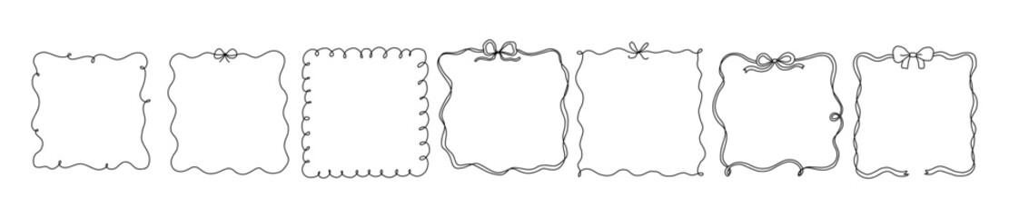 Square bow ribbon frame collection. Hand drawn border. Cute line crayon doodle drawing. Modern minimalist art. Coquette elegant romantic design element for Valentines Day, Wedding, Birthday