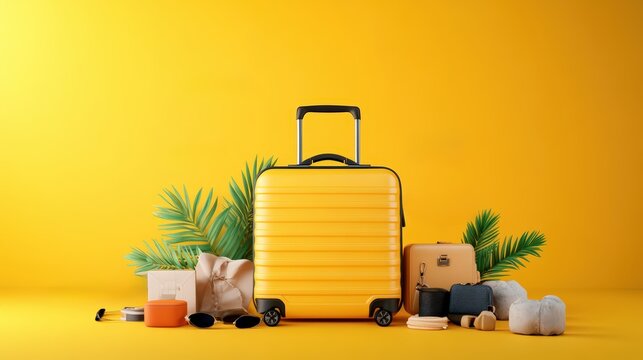 Bright yellow suitcase with travel accessories including shoes, plants, and travel essentials on yellow background - Powered by Adobe